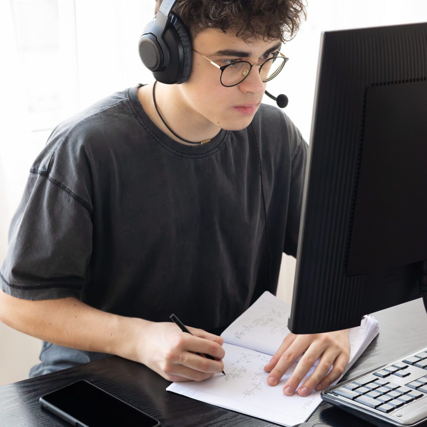 Young man focused on computer work with headset and notes.